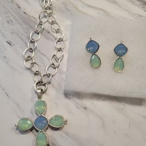 Brighton cross necklace and earring set blue green